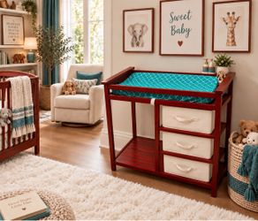 Beautiful Cherry Wood Baby Infant Diaper Changing Table With Mattress And 3 Drawers