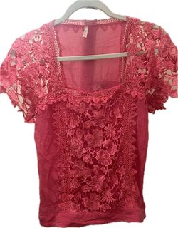 Pink Floral Lace Short Sleeve Blouse