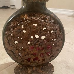 Vintage CHRISDON Decorative Vase Round Resin Faux Marble Floral Vintage Green