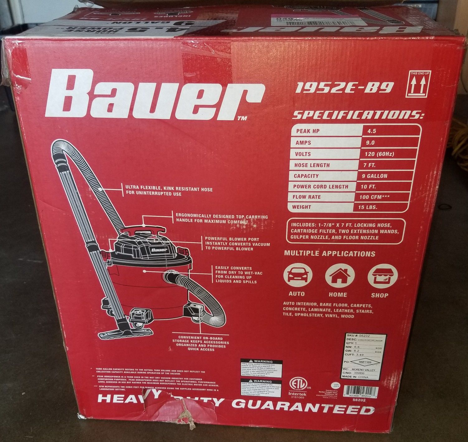 New BAUER 9 Gallon 4.5 Peak Horsepower Wet/Dry Vacuum for Sale in San