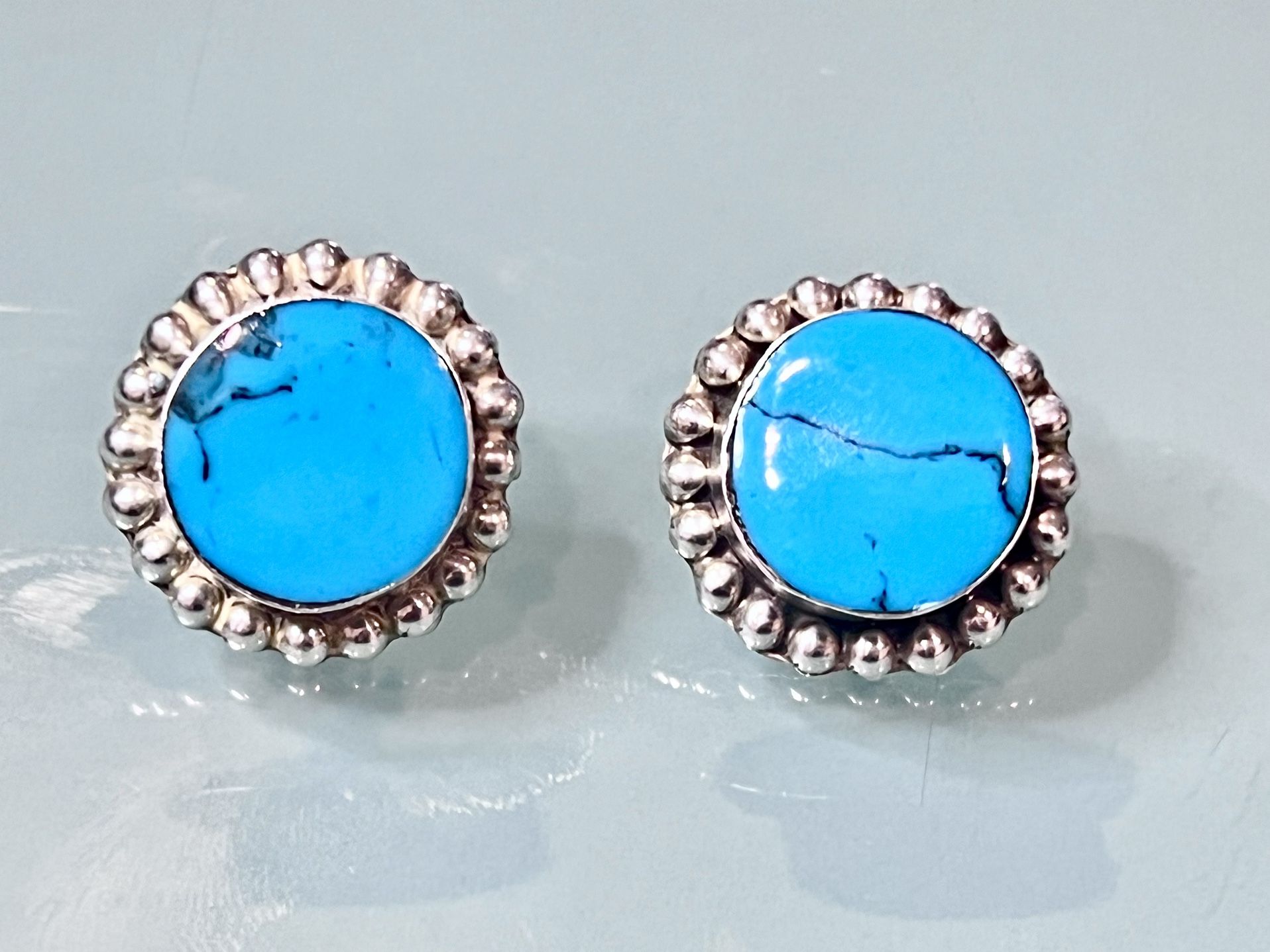 Native American Ladies Sterling Silver Blue Turquoise Clip Back Earrings “W@W”