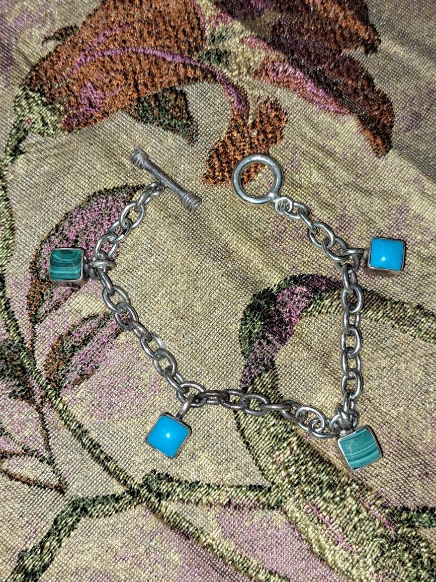 Antique Navajo 925 Sterling Silver Bracelet With Turquoise And Malachite Square Charms