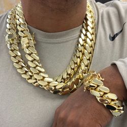 Set Chain & Bracelet 20mm Miami Cuban Link Yellow Gold Plated Chain Necklace 18k & 14k Crab Old School Regular Lock