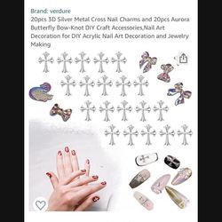 20pcs 3D Silver Metal Cross Nail Charms and 20pcs Aurora Butterfly Bow-Knot DIY Craft Accessories,Nail Art Decoration for DIY Acrylic Nail Art Decorat