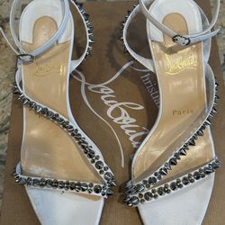 Christian Louboutin Mafaldina Spikes 70 White Ankle Strap Sandal Heel Pump 37