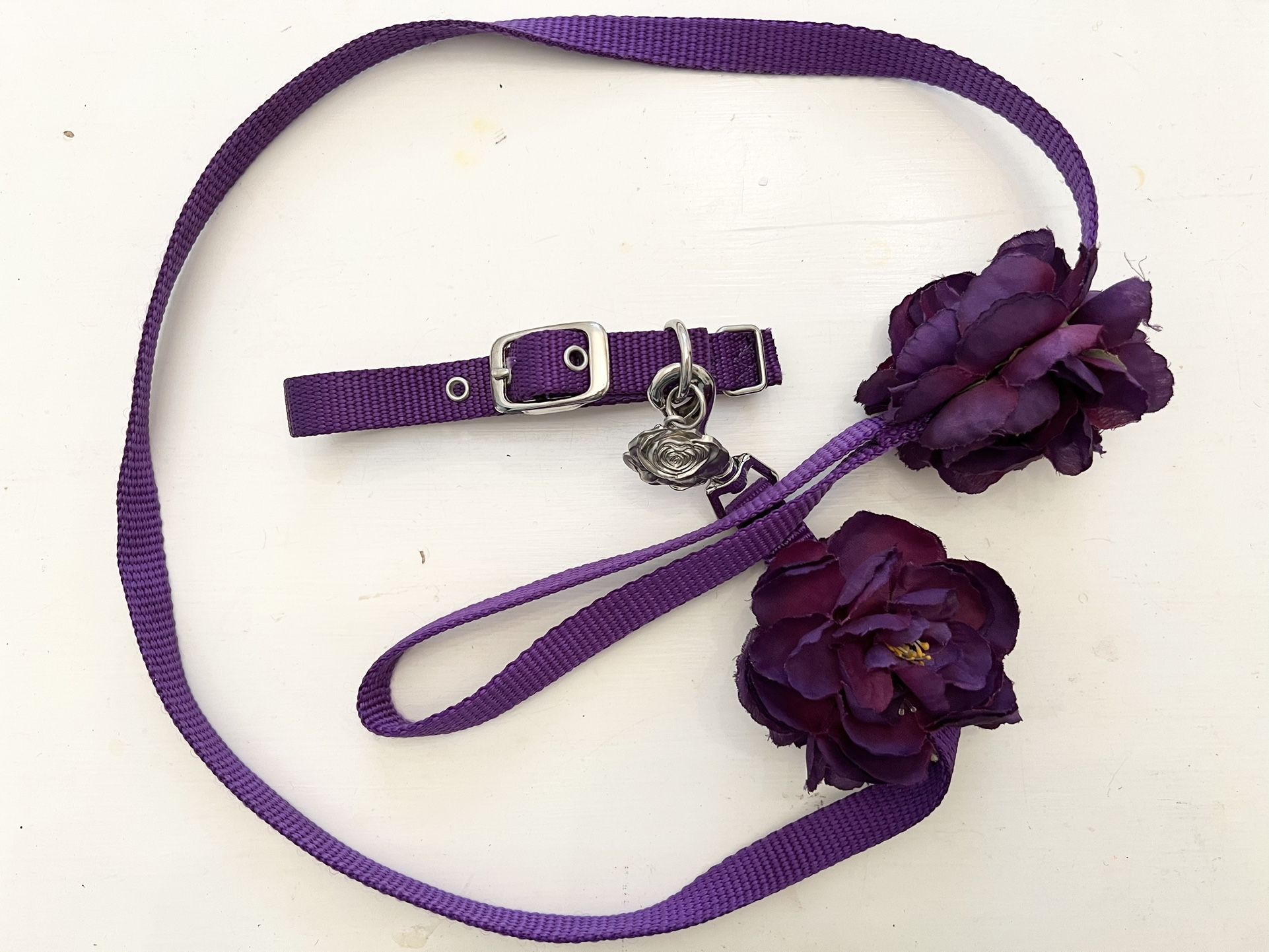 New Bonjour Fleurette Purple Pet Dog Leash & Collar Set S/M