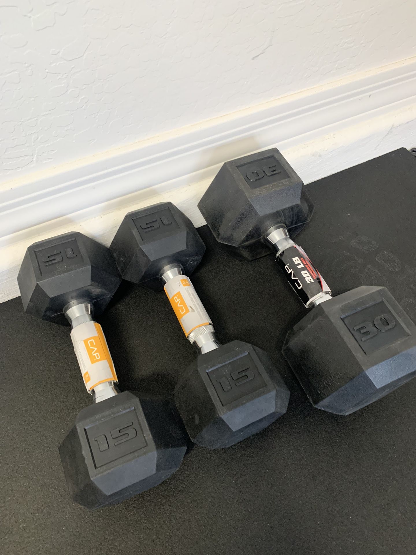 Rubber Hex Dumbbells Pair 15# + Single 30# ◾️ Weights ◾️ Home Gym ◾️ Fitness