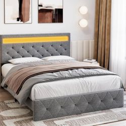 Twin Bed Frame with LED Lights Headboard, Twin Size Heavy Duty Metal Hybrid Bed Frame Bed Base, Sturdy Upholstered Wooden Twin Platform Bed