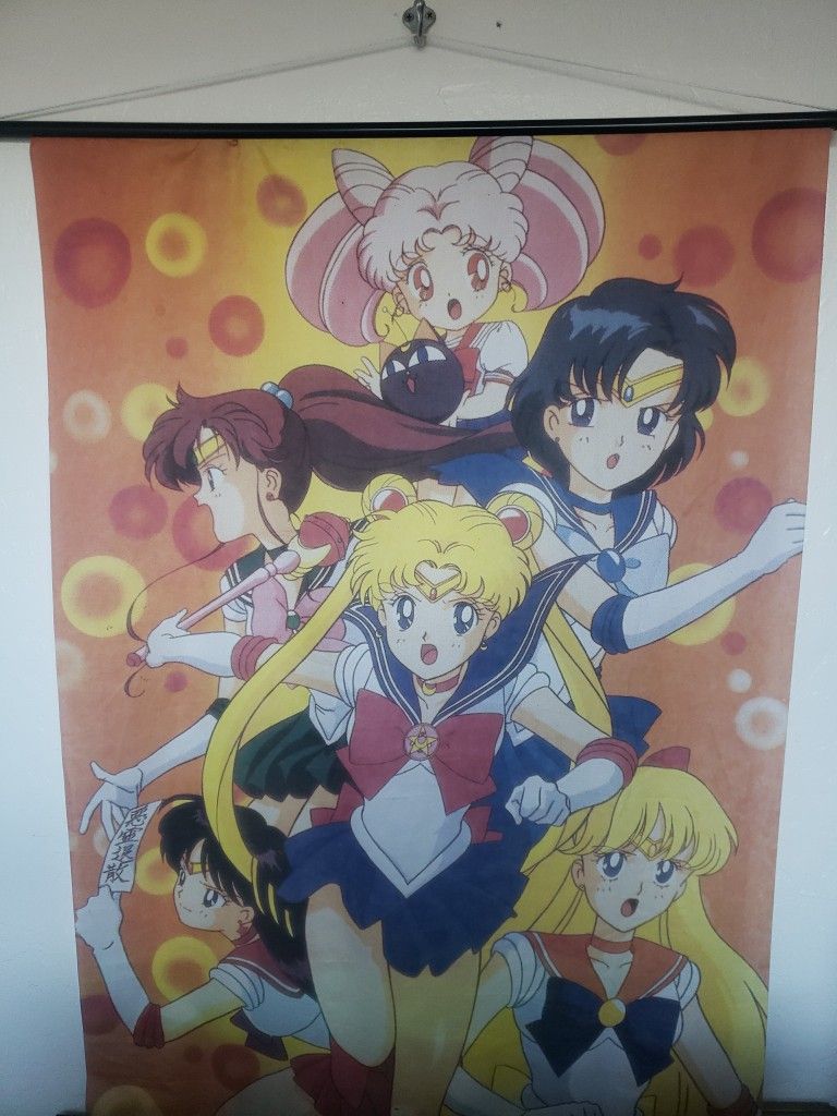 Vintage Sailor Moon and Ladies Fabric Wall Art Scroll
