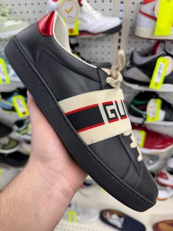 GUCCI ACE STRIPE BLACK LEATHER SNEAKERS SIZE 10 USED