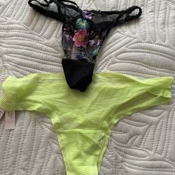Victoria’s Secret Panty Lot Sz M Lace Thong Floral Embroidery & Neon Bikini NWT                               Lot of 2 Victoria’s Secret panties, both