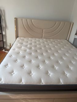 King Bed Frame with Upholstered Headboard and Mattress