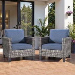 2-Piece Wicker Single Outdoor Lounge Chair Single Chairs with Denim Blue Cushion for Patio, Deck, Porch