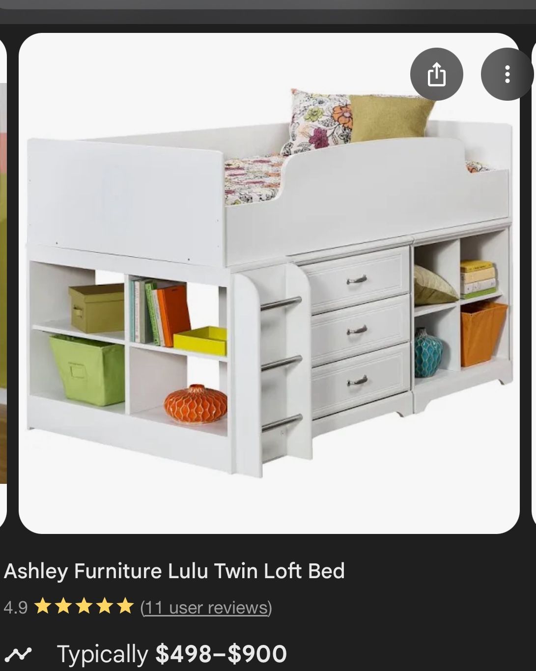 Two (2) Ashley Furniture Lulu Twin Loft Bed w/Bookshelf and Dresser