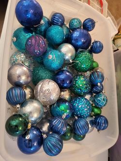 50 plus large blue, turquoise and silver Christmas tree ornaments