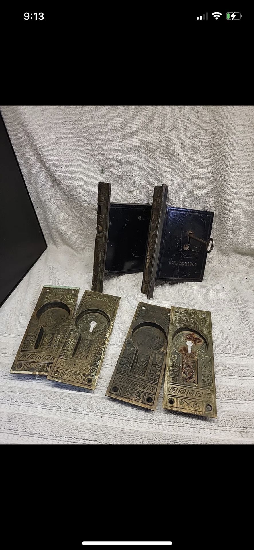 1886 Antique NASHUA Victorian Eastlake Door Pocket plate Mortise Lock & Key