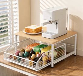 Space-Saving Kitchen Countertop Organizer with Drawer & Wire Basket, Fully Detachable Hardwood and Metal Storage Shelf for Coffee Maker, Spices, Utens