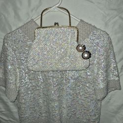 1960s Vintage Imperial handmade sequins and beaded top with matching purse and vintage costume jewelry