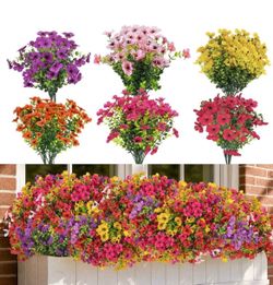 CLEANGOR 48 Pcs Artificial Daisy Flowers for Outdoors (6 Color) UV Resistant Artificial Outdoor Plants, Fake Daisy with Eucalyptus Leaves, for Spring