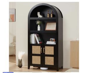 HABUTWAY 72'' Arched Storage Cabinet with Beech-Rattan Door, Tall Arched Pantry Bookshelf with Adjustable Shelves, Modern Farmhouse Wooden Bookcase Ki