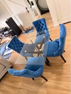 Rectangular Glass Dining Table + 4 Velvet Nail Head Trim  Button Tufted Chairs
