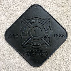Vintage Springfield PA Cast Iron Tricentennial Plaque - Springfield Fire Co.