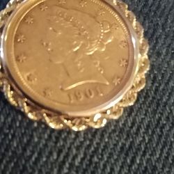 $5 Half Eagle Gold Coin.1901. S . Pendant 14 K.