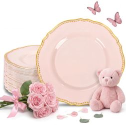 Hioasis 60pcs Pink Plastic Plates - Pink And Gold Disposable Dinnerware With Gold Rim, Heavy-Duty, 10 Inch, Dinner Plates For Party & Mothers Day