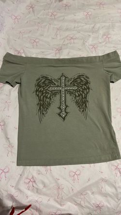 Olive Green Off-Shoulder Cross Wings Graphic Top
