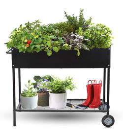 Raised Garden Bed with Wheels - Mobile Galvanized Steel Planter with Lower Shelf