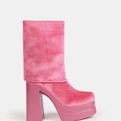 Shein Cuccoo Pink Platform Chunky Heeled Velvet Boots