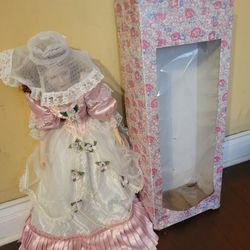 New Vintage 28" Victorian Porcelain Doll/w Pink Dress