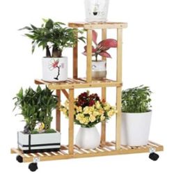 Bamboo Plant Stand Rack with Wheels 3 Tier Indoor&Outdoor Rolling Plant Flower Pots Holder Shelf Planter Display Shelving Unit for Patio Garden, Livin