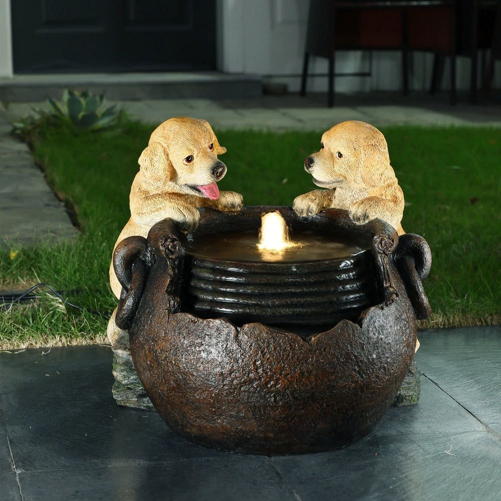 Puppy at the Farmhouse Faucet Resin Outdoor Fountain with Lights F1950
