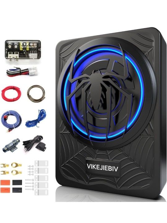 1200W 10" Slim Underseat Car Subwoofer and Amp Package with Ambient Light, Individual Control for Low Pass/Gain/Boost Bass, Loud Stereo Sound, Deep