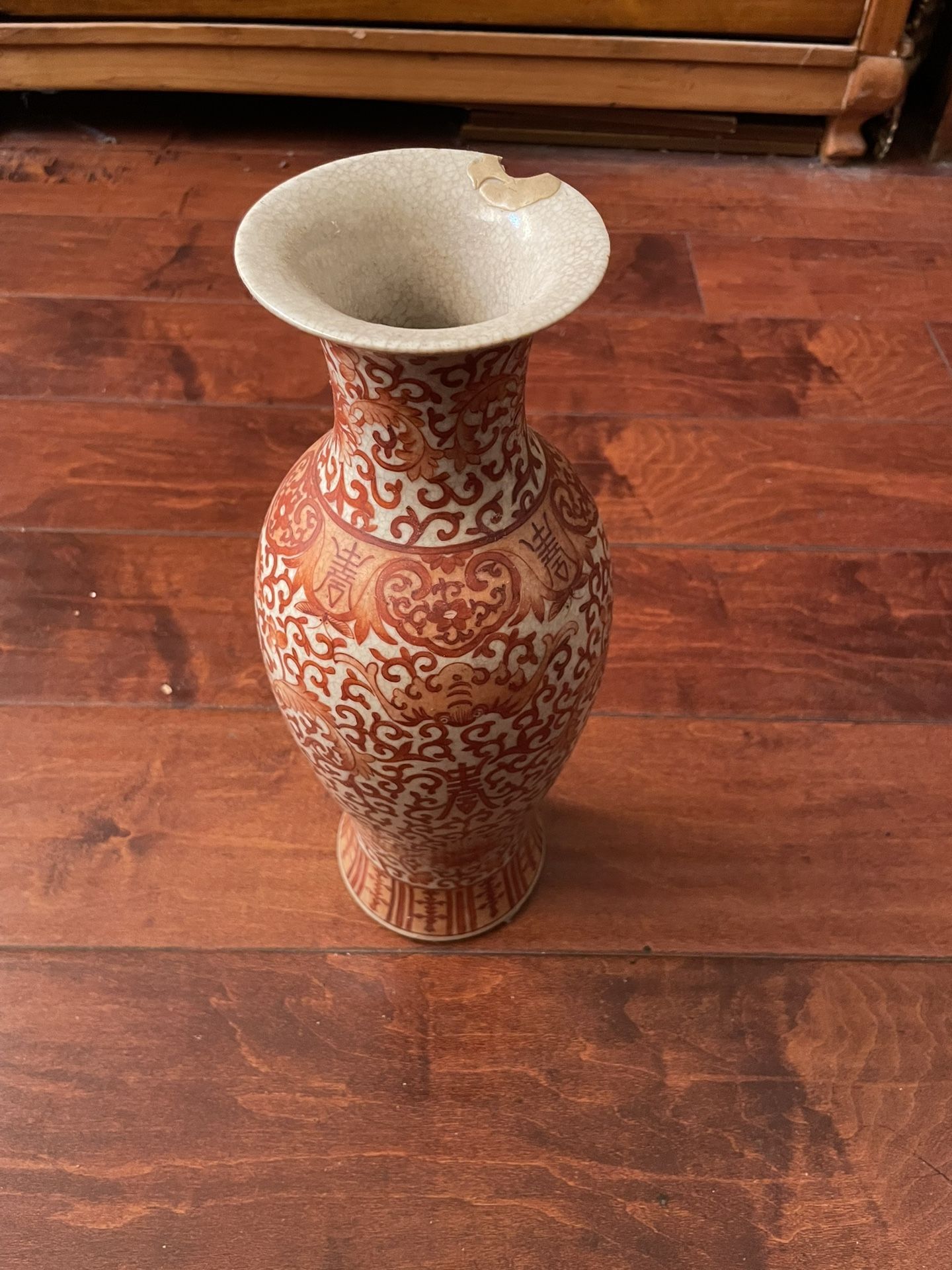 Antique Chinese Iron Red Lotus & Shou Vase 13.5” China Mark Rim Chips