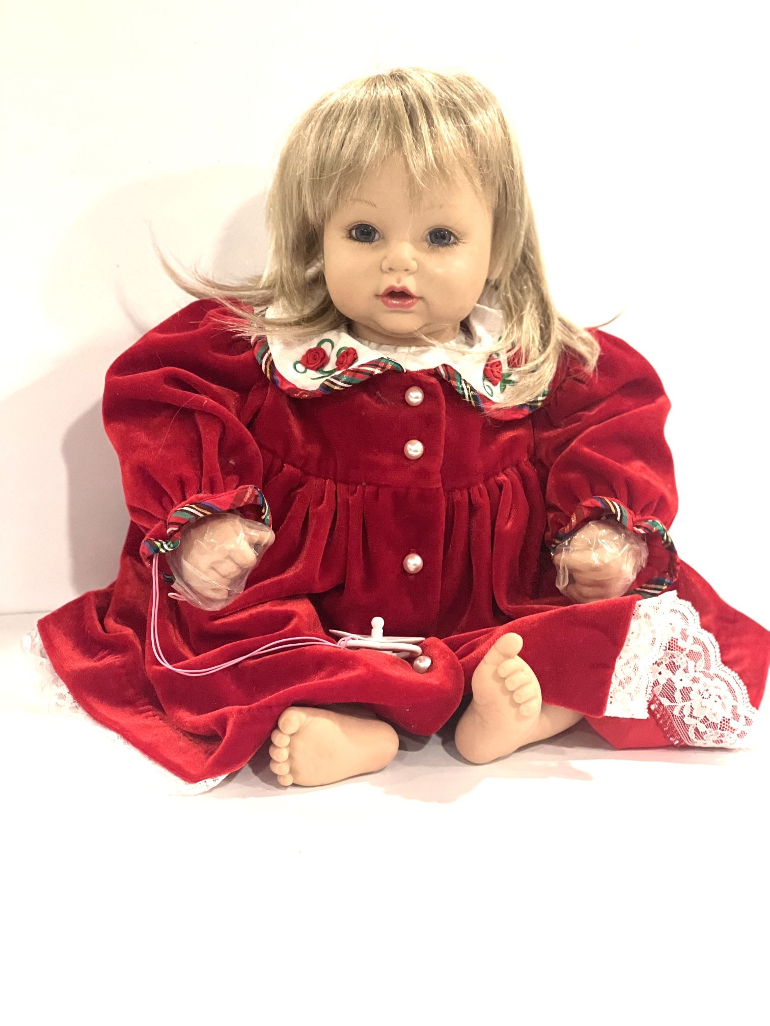 Arora Baby Doll With Pacifier And Red Velvet Dress Blonde Blue Eyed 