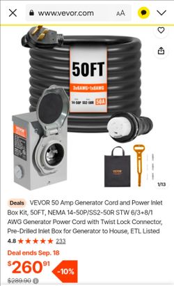 VEVOR 50A Generator Cord and Power Inlet Box Kit 50FT