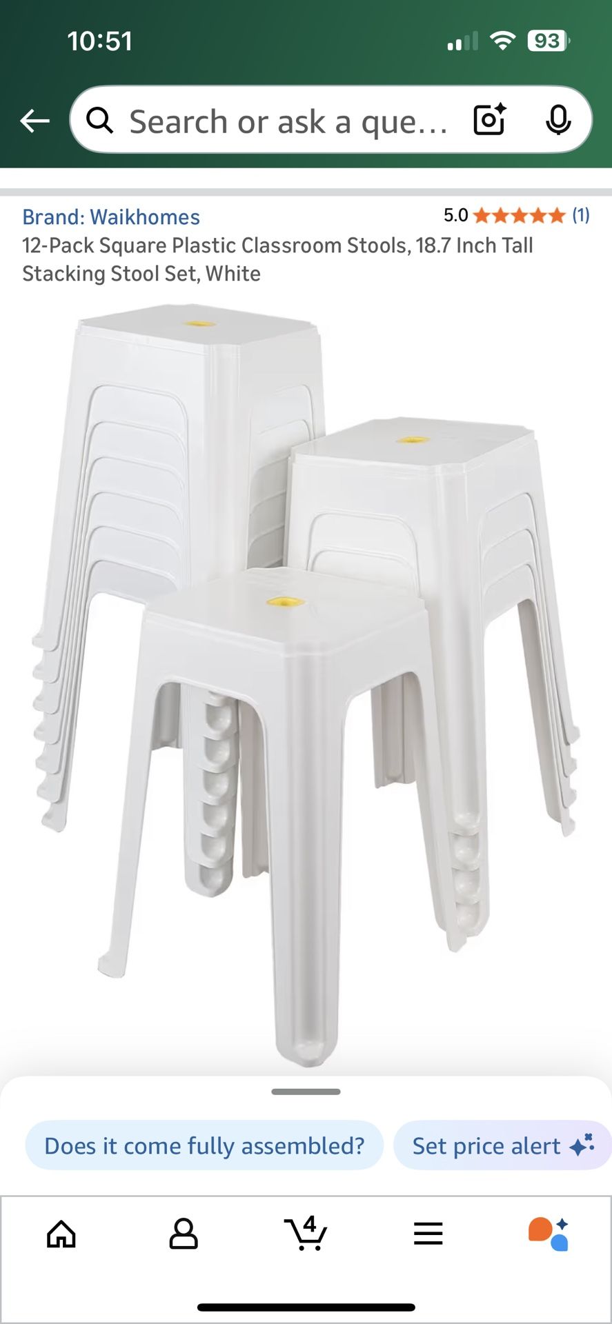12-Pack Square Plastic Classroom Stools, 18.7 Inch Tall Stacking Stool Set, White
