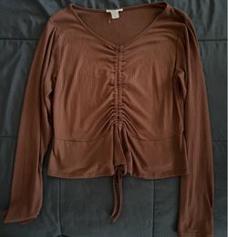 Brown Ribbed Ruched Long Sleeve Top