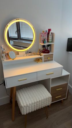 Vanity Desk with LED Mirror and Stool