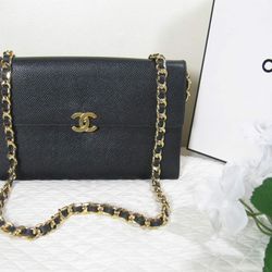 Authentic Chanel Black Saffiano Leather CC Logo Large Flap Bag