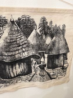 Vintage African Village Textile Wall Hanging, Hand Printed Black & White Art