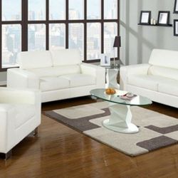 Brand New Contemporary Style White Bonded Leather Match 3pc Sofa Set