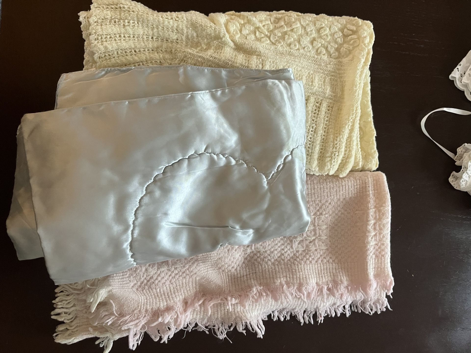 Baby Blankets. 2 Light Weight Knit, 1 Satin And 1 Wool