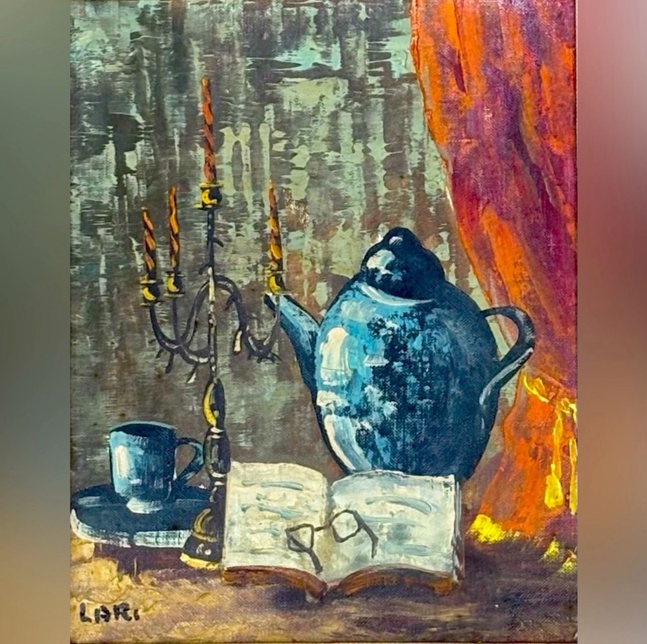 FRAMED Fine Original Art Oil Painting Artist LARI Vintage Los Angeles Antique History The Broadway Collectible Canvas Tea Pot Cup Candelabra Book Spe