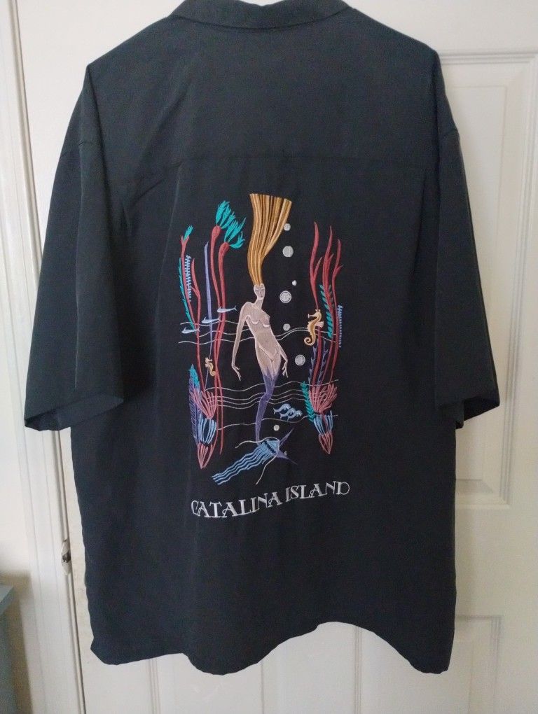 Bamboo Cay Catalina Island Mermaid Embroidered Black button Down Shirt Sz XL.