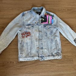 ZARA Man Woman Unisex Graffiti Grunge Printed Denim Jacket Blue Size Small
