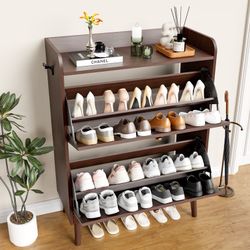 C444 $70 Shoe Cabinet with 2 Flip Drawers, Open Shelf Design – Freestanding Storage Organizer for Entryway, Hall, Closet, Dorm Room, Rust Brown Clea