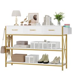 O369 $70  White 3 Drawers Console Table with Metal Frame, 47'' Long Entryway Table Sofa Table with & Storage Shelves for Living Room  【Modern Look Des